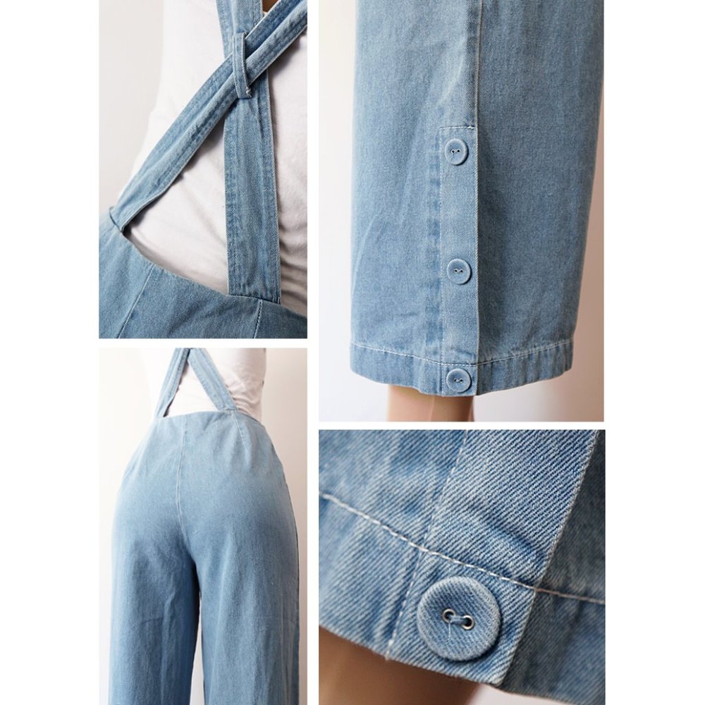 Denim Blue Cotton Wide Leg Crop Overall Jumpsuit - Picture 6 of 8